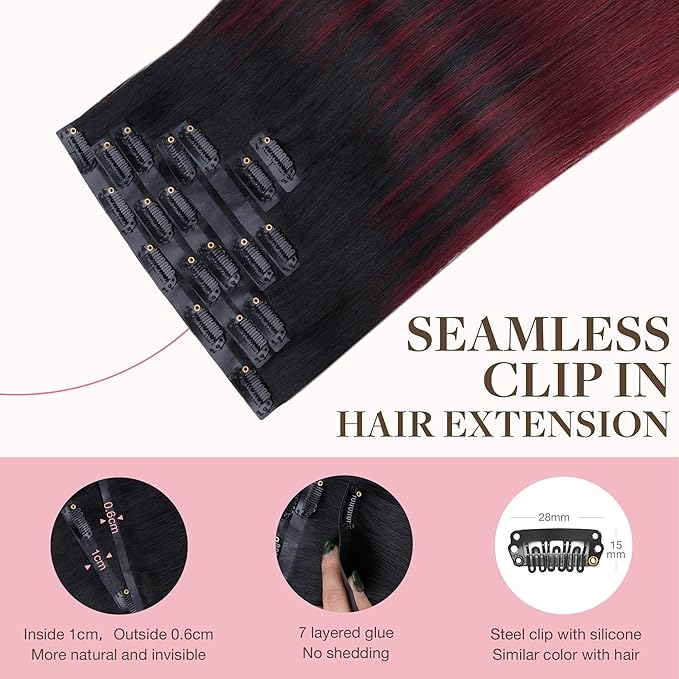 GOO GOO Clip in Hair Extensions Real Human Hair, Remy Human Hair Extensions Clip ins for Women, Natural Human Hair, 22inch 140g 7 Pcs, #1/99j Balayage Jet Black to Red Seamless Blend