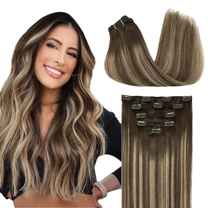DOORES Clip in Human Hair Extensions, 5pcs 75g Balayage Chocolate Brown to Honey Blonde 16 Inch Remy Hair Extensions Straight