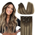 DOORES Clip in Human Hair Extensions, 5pcs 75g Balayage Chocolate Brown to Honey Blonde 16 Inch Remy Hair Extensions Straight
