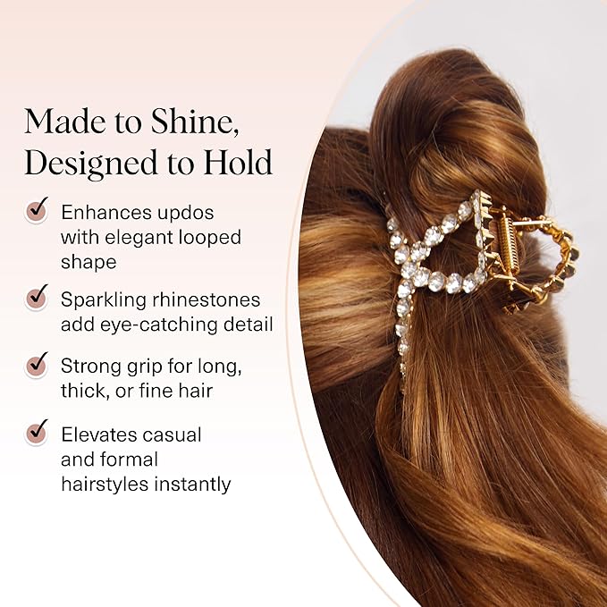 Kitsch Gold Loop-Shaped Hair Clip for Women with Rhinestones - Durable Metal, Strong Hold, & Elegant | Gold Hair Accessories | Ideal Gifts for Women - 1pc