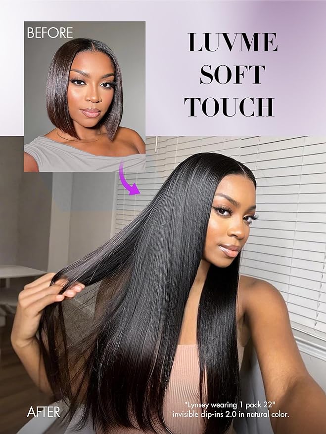 LUVME Invisible Clip in Hair Extensions, Yaki Straight Real Human Hair 16 Inch 2 Pack 220g 12pcs Clip ins Hair Extensions Natural Black for Women
