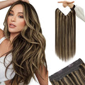 YoungSee Invisible Wire Hair Extensions Brown Highlights Human Hair Wire Extensions Dark Brown Highlight Caramel Blonde Headband Hair Extensions for Women 16inch 80g
