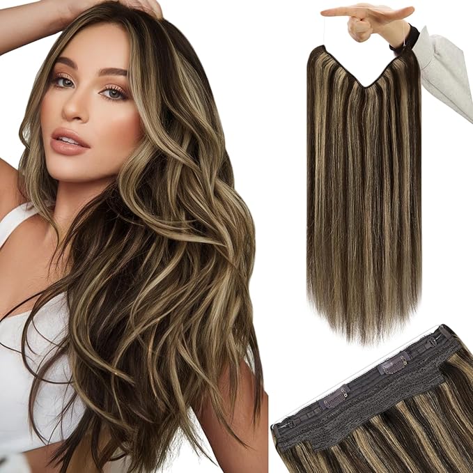 YoungSee 135G Invisible Wire Hair Extensions Real Human Hair Brown Highlights Wire Human Hair Extensions Highlights Dark Brown with Blonde One Piece Hair Extensions Long Straight Hair 24inch