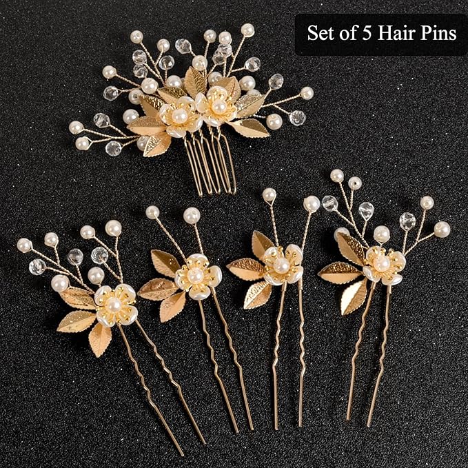 Wedding Hair Pins - Elegant Pearl Leaf Crystal Hair Accessories for Bridal Women (Gold)
