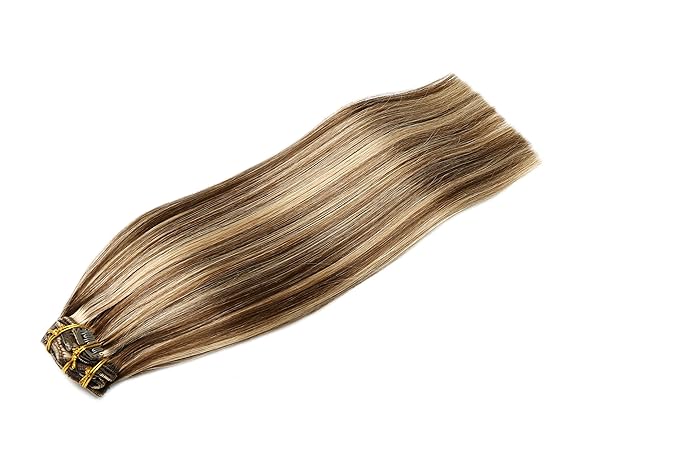 SURNEL Human Hair Extensions Clip in 22 Inch 6pcs 120g Real Human Hair Extensions Chocolate Brown and Caramel Blonde Clip in Hair Extensions (#4P27,22'')
