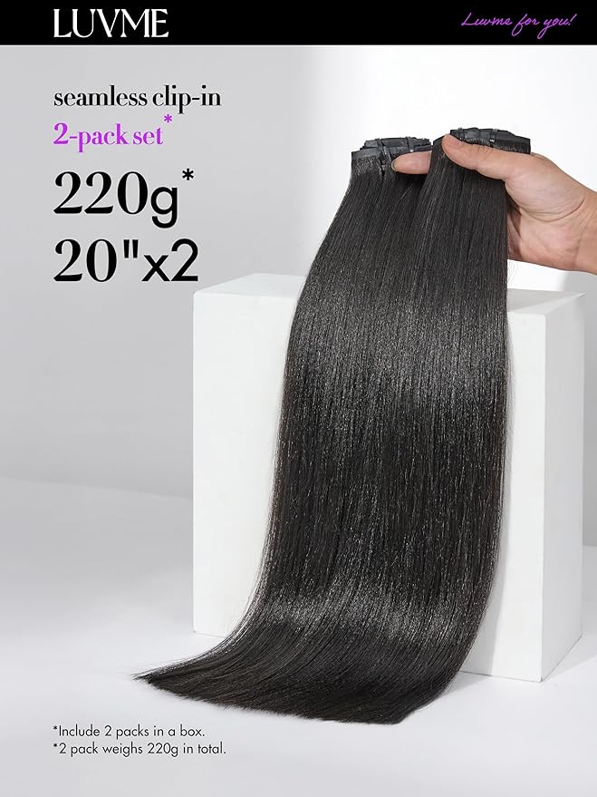 LUVME Yaki Straight Seamless 2 Pack 220g 14Pcs Clip in Hair Extensions Full Max with 20inch Remy Human Hair Extensions, Natural Black 100% Real Soft Hair