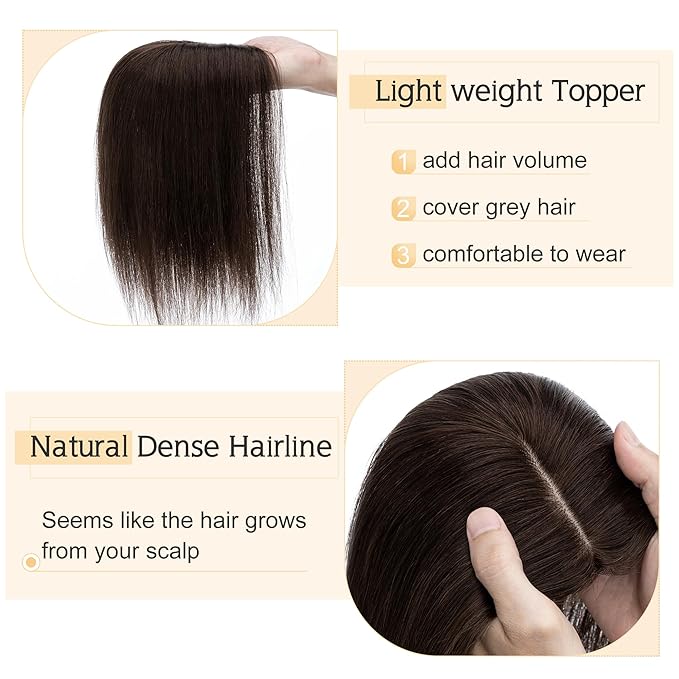 SEGO Human Hair Toppers for Women With Thinning Hair, 7 * 13CM Silk Base 100% Real Human Hair Clip in Top Wiglet Hairpieces -14 Inch No Bangs Dark Brown