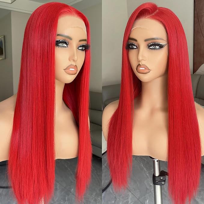 BLL Red Wig 13x4 Synthetic Lace Front Wig Pre-Plucked Glueless Long Silk Straight Wigs For Women Heat Resistant Fiber Natural Density Suitable For Daily Party Wear 26inch