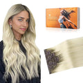 DOORES Clip in Human Hair Extensions, Light Ash Brown to Ash Blonde 100g 7pcs 14 Inch, Remy Hair Extensions Straight Natural Thick