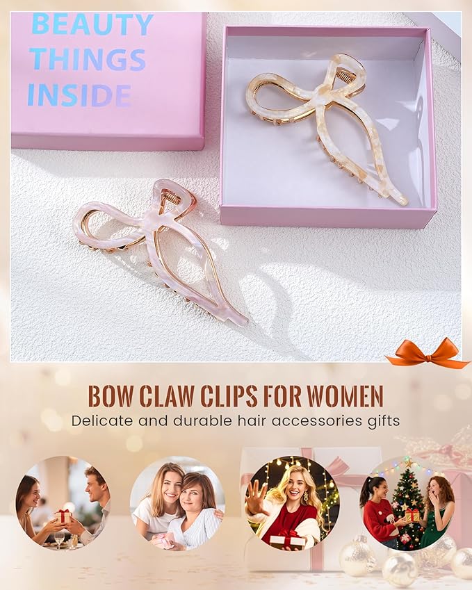 ACECHA 2 Pack Gold Metal Bow Hair Claw Clips for Women, 4.5" Colorful Non-slip Hairclips for Thick Thin Hair Claws Strong Hold Styling (Pure Color 00)