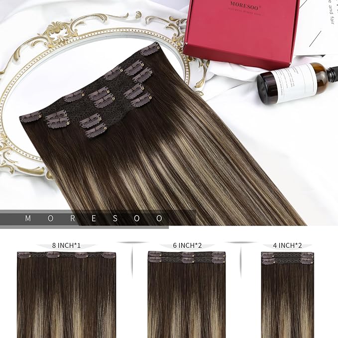 Moresoo Clip in Hair Extensions Real Human Hair Brown Balayage Hair Clip in Extensions Dark Brown to Honey Blonde Ombre Double Weft for Women Short And Straight 80g/5pcs 14in