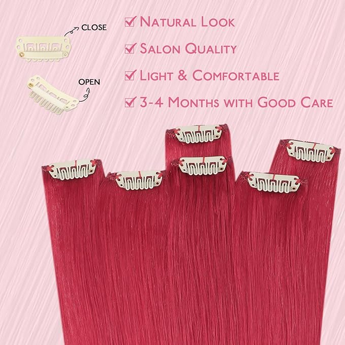WENNALIFE Red Clip in Hair Extensions Real Human Hair 35g 6pcs 22 Inch Colored Hair Extensions for Kids Women Colorful Hair Pieces Pop-up Style Straight Extensiones De Cabello Humano Con Clip