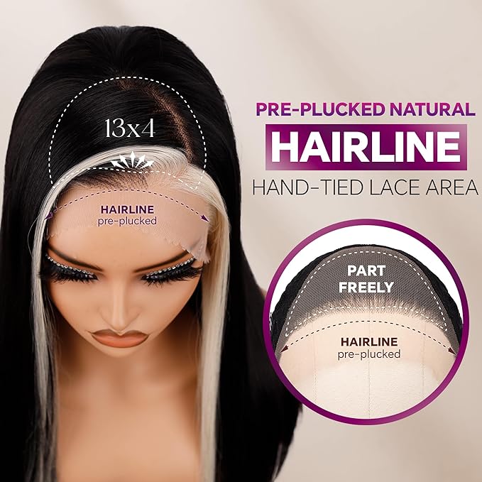 BLL Lace Front Wig, Skunk Stripe 13X4 Lace Wig Pre Plucked Glueless Synthetic Heat Resistant Long Straight Black and Blonde Wigs 26inch Suitable For Everyday Wear