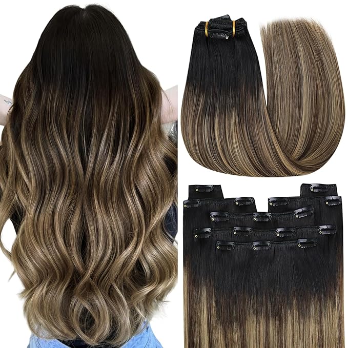 YoungSee Balayage Clip in Hair Extensions Ombre Clip in Hair Extensions Real Human Hair Black Fading to Brown with Caramel Blonde Short Straight Hair Extension Clip ins 85G 7Pcs 12In