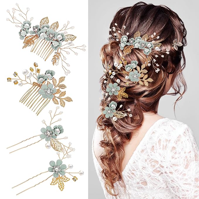 Wedding Flower Hair Accessories for Women: 4pcs Leaf and Flower Hair Combs for Women Accessories - Crystal Pearl Wedding Flower Clips Headpiece for Brides Bridesmaids Girls Updo (Green)