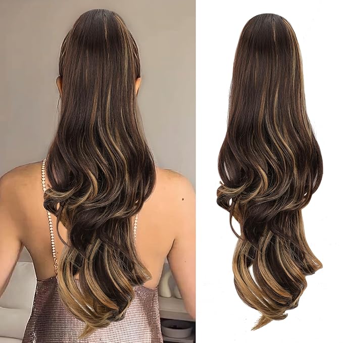 Ponytail Extension, Drawstring Ponytail Extension for Women 26 Inch Long Wavy Highlight Pony Tails Hair Extensions Synthetic Clip in Ponytail Hairpiece for Women Brown with Blonde Highlights