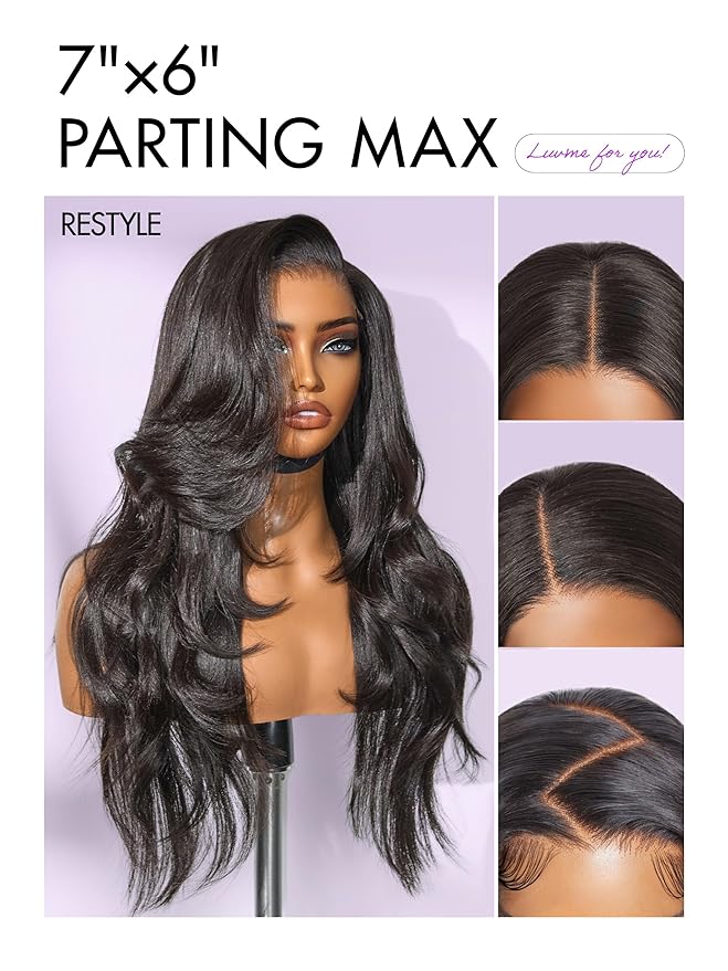 LUVME HAIR 7x6 All-Day Comfor Wig PartingMax Lace Wigs 200% Density Yaki Straight Lace Front Wigs Human Hair Pre Cut Plucked Lace Frontal Glueless 16 Inches Natural Black Color