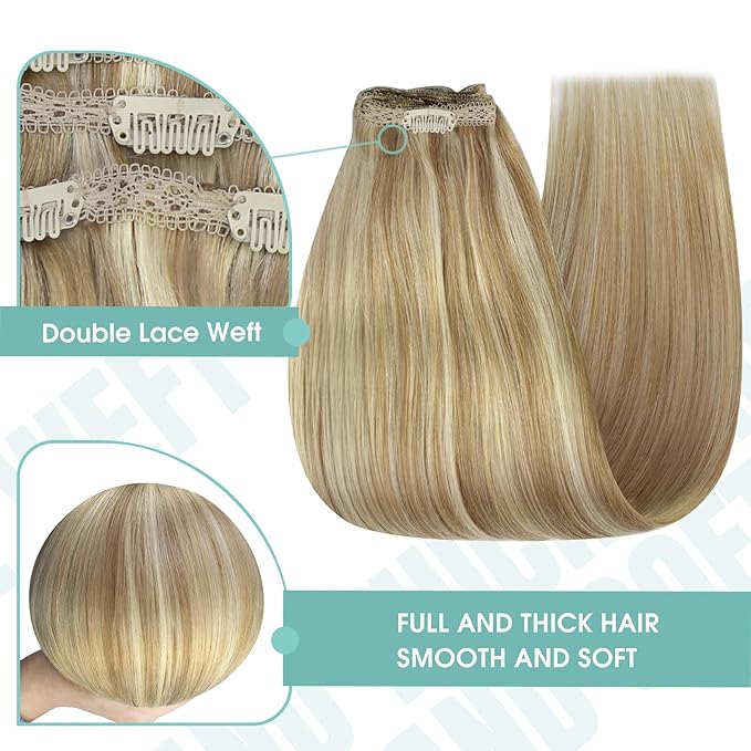 YoungSee Blonde Clip in Hair Extensions Honey Blonde Highlights Human Hair Clip in Extensions Strawberry Blond Clips in Human Hair Extensions for Woman 12inch 85g