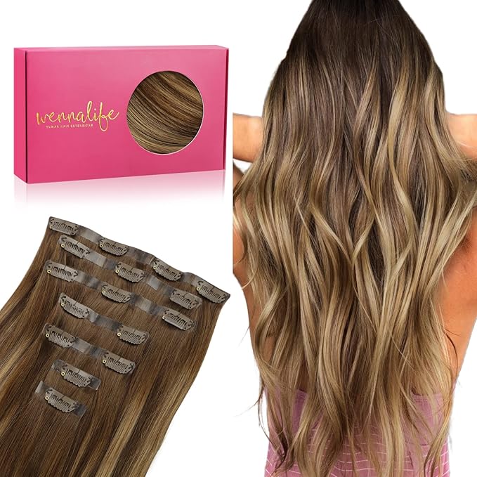 WENNALIFE Seamless Clip in Hair Extensions Human Hair, 12 Inch 80g 7pcs Balayage Chocolate Brown to Caramel Blonde Real Hair Extensions Clip Ins Invisible PU Skin Weft Natural Remy Hair