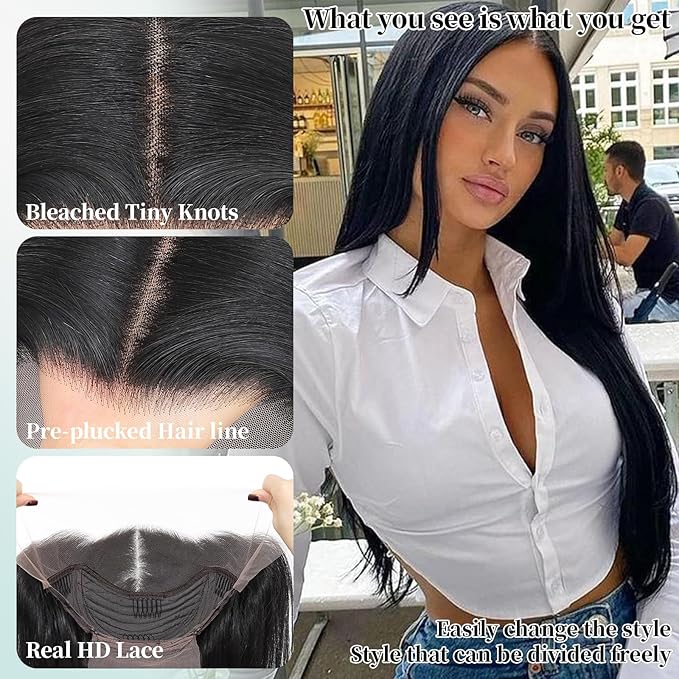 Synthetic Lace Front Wig 13x4 HD Lace Layered Hairstyle Pre Plucked Hairline Straight Long Black Glueless Wigs for Black Women 26 Inch Beginner Friendly