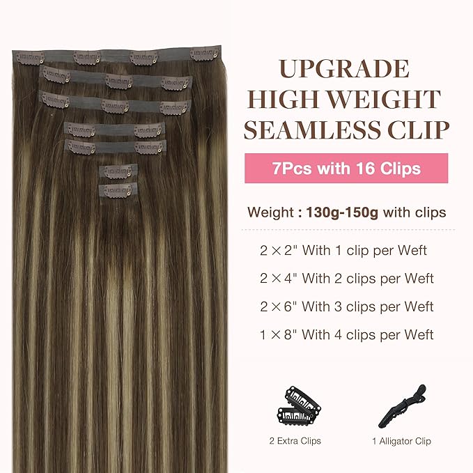 GOO GOO Clip in Hair Extensions Real Human Hair, Remy Human Hair Extensions Clip ins for Women, Natural Human Hair, 20inch 151g 7Pcs, 4/26/4 Balayage Chocolate Brown to Honey Blonde