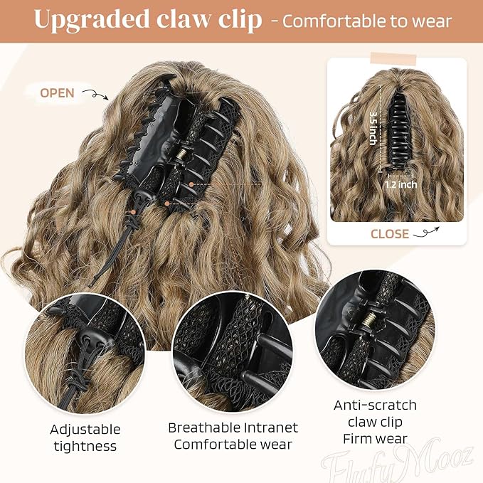 Flufymooz 100％ Pure Protein Ponytail Extension, 18 Inch Curly Claw Clip Ponytail Hair Extensions Natural Soft pony tail hairpiece for women-Ash Brown