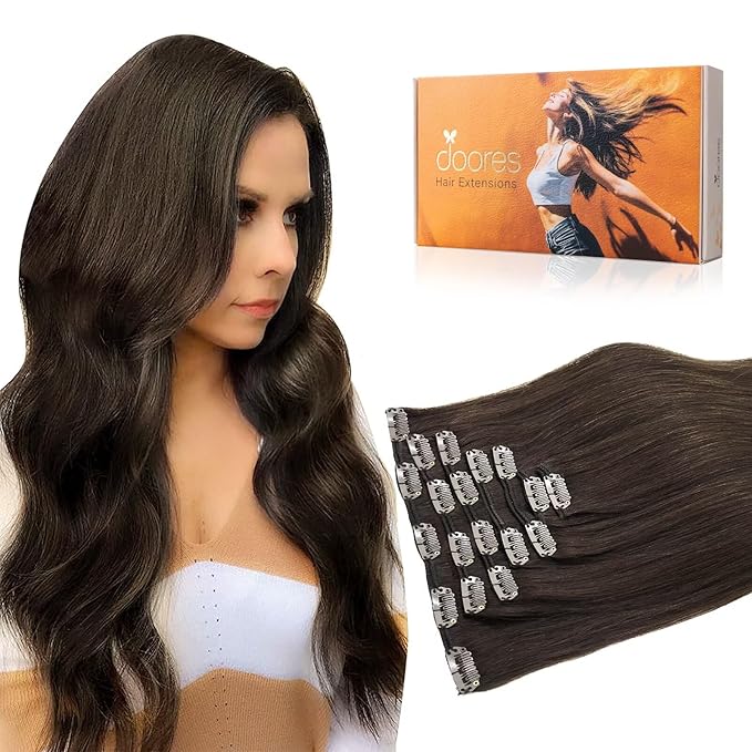 DOORES Human Hair Extensions Clip in Light Dark Brown 20 Inch 120g 7pcs Clip in Remy Hair Extensions Natural Straight Real Hair Extensions