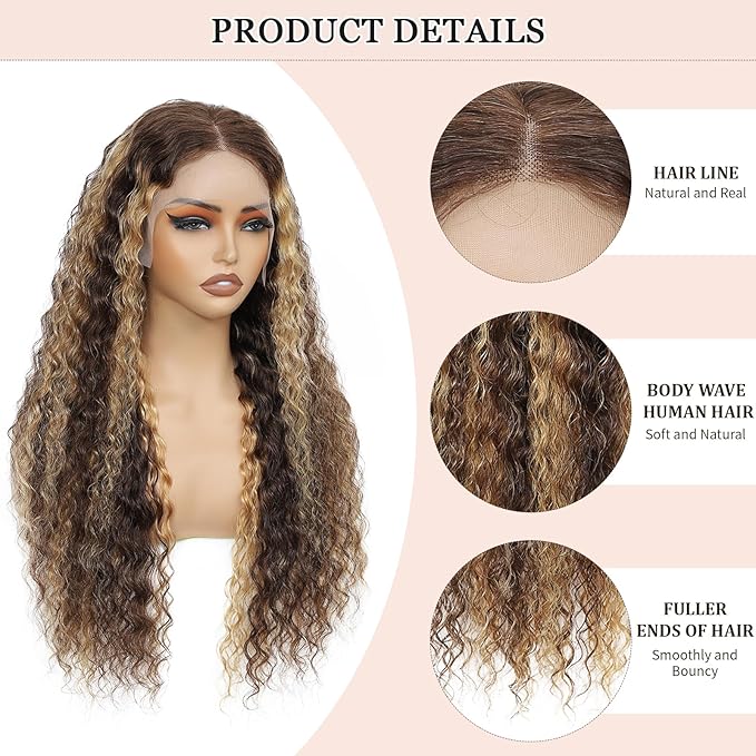 36 Inch Highlight Ombre Human Hair Wigs 13x6 HD Honey Blonde Deep Wave Lace Front Wigs Human Hair 180 Density Glueless Deep Wave 4/27 Colored Wet and Wavy Curly Wig Pre Plucked for Women