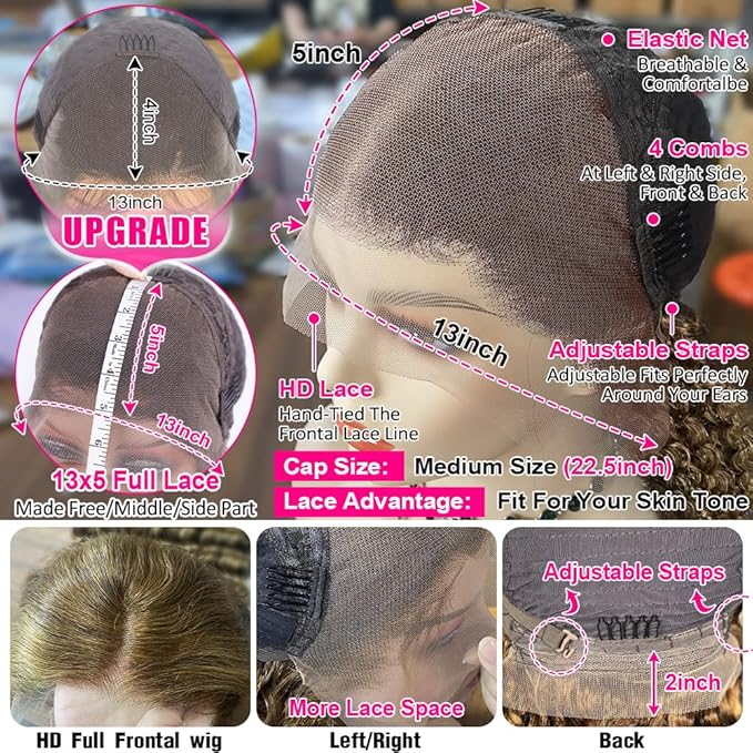 CYNOSURE 30 Inch 4/27 Highlight Deep Wave Lace Front Wigs Human Hair 13x5 Ombre Honey Blonde Jerry Curly Wig HD Transparent Lace Frontal Wigs Pre Plucked with Baby Hair 180% Density