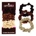 Amelia Beauty, Earth Tones Satin Small Scrunchies, 12-Pack – No Damage Hair Ties for Women, Gentle & Durable Hair Accessories, 2.5in x 0.5in