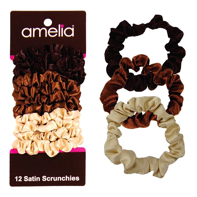 Amelia Beauty, Earth Tones Satin Small Scrunchies, 12-Pack – No Damage Hair Ties for Women, Gentle & Durable Hair Accessories, 2.5in x 0.5in