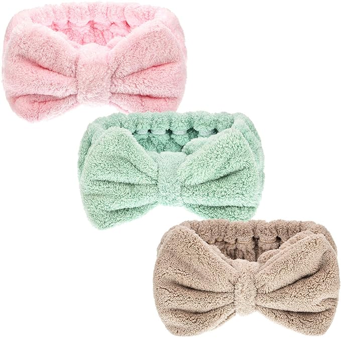 3 Pieces Hair Headband Headband to Wash Face for Women Makeup Spa Headband, Microfiber Bowtie Shower Headband for Women and Girls (Light Pink, Light Green, Light Brown)