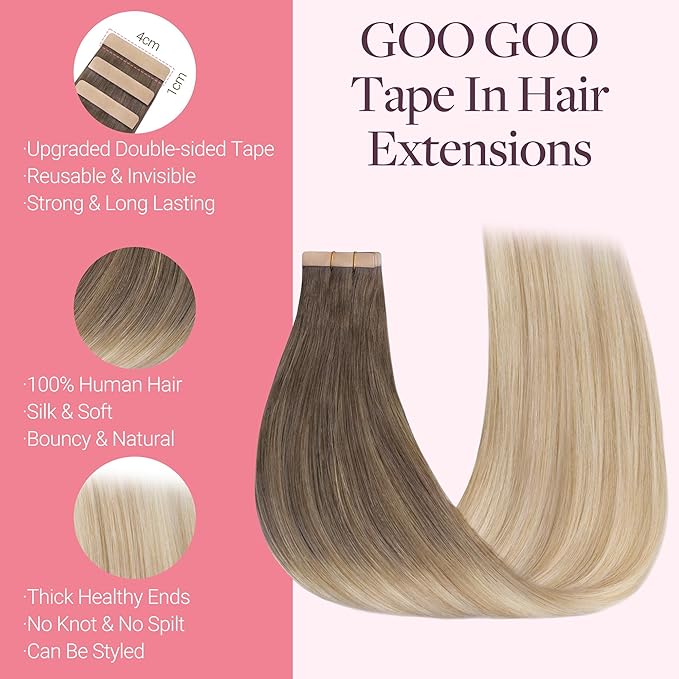 GOO GOO Tape in Hair Extensions Human Hair, 9/18J/60 Chocolate Brown to Champagne Blonde Balayage, 22inch 50g 20pcs, Skin Weft Seamless Invisible, Silky Straight with Thick Ends, Remy Human Hair