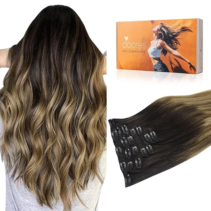 DOORES Human Hair Extensions Clip in Balayage Dark Brown Fading to Chestnut Brown and Dirty Blonde 18 Inch 7pcs 120g Clip in Hair Extensions Remy Natural Hair Extensions Thick