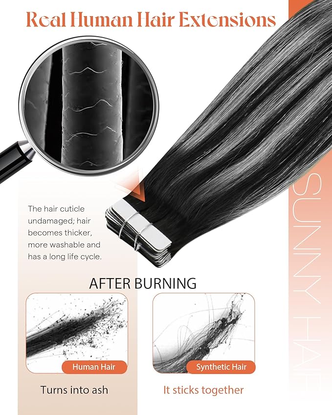 Sunny Hair Tape in Hair Extensions Real Human Hair Invisible Remy Hair Extensions Tape ins for Women Natural Black Roots to Silver Grey Balayage 16 inch 20Pcs 50G