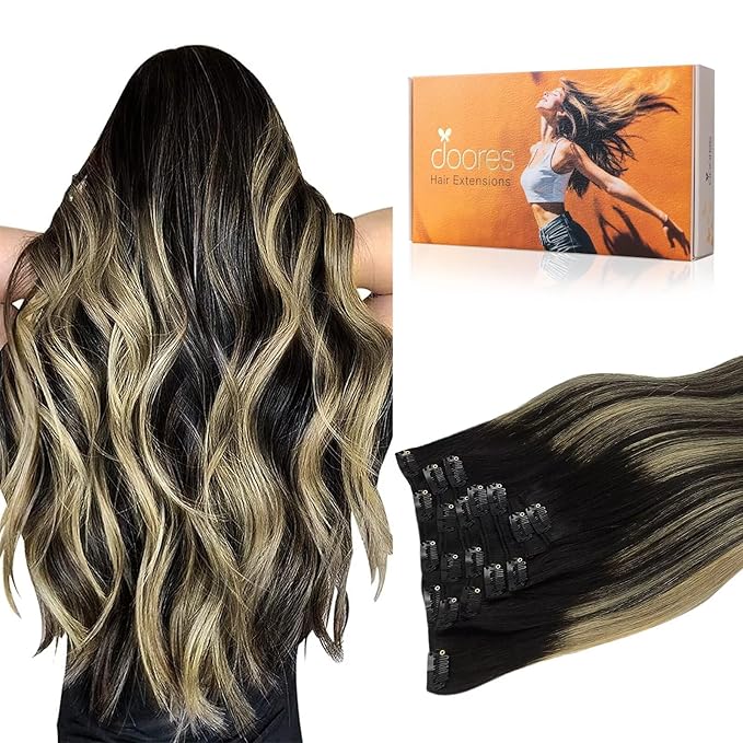 DOORES Hair Extensions Clip in Human Hair Balayage Natural Black to Light Blonde 120g 7pcs 16 Inch Remy Clip in Human Hair Extensions Straight