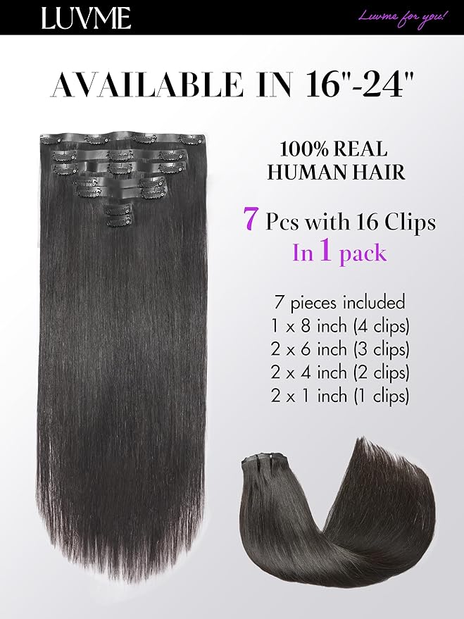 LUVME Straight Seamless 110g 7Pcs Clip in Hair Extensions Full Max with 20inch Remy Human Hair Extensions, Natural Black 100% Real Soft Human Hair