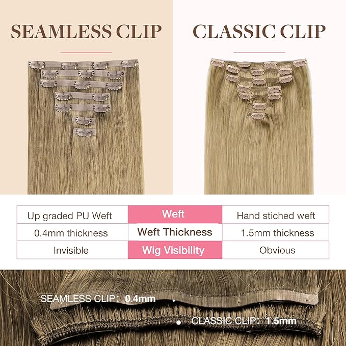 GOO GOO Clip in Hair Extensions Real Human Hair, Remy Human Hair Extensions Clip ins for Women, Natural Human Hair, 16inch 130g 7Pcs, 7 Bronde