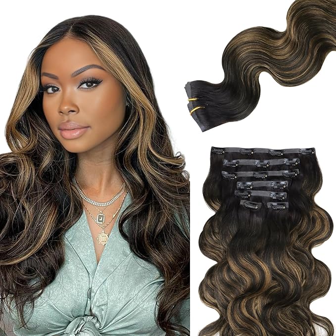 Lashey Seamless Clip in Hair Extensions Remy Human Hair Natural Black Mixed Chestnut Brown 110g 7pcs Body Wave 24 Inch