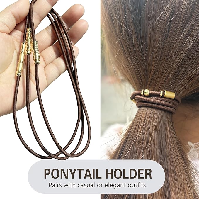 Brown Extra Large Long Bracelet Hair Ties for Thick Curly Hair,3 Pack 3mm Elastic Ponytail Holders Accessories for Women No Damage Stretchy Pony Tails Bands with Gold Metal Charms Beads