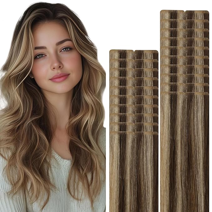 VINBAO Invisi Edge Tape in Extensions Human Hair, 55g 20in 20pcs Chocolate Brown Highlighted Caramel Blonde Injected Tape in Hair Extensions Thick Ends 20inch #4P27