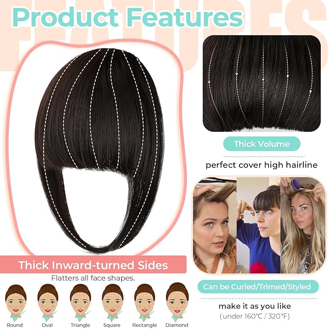 Clip in Bangs, Synthetic French Bangs Hair Clip, Fake Bangs Fringe with Temples Hairpieces for Women Natural Curved Hair Extensions for Daily Wear Dark Brown