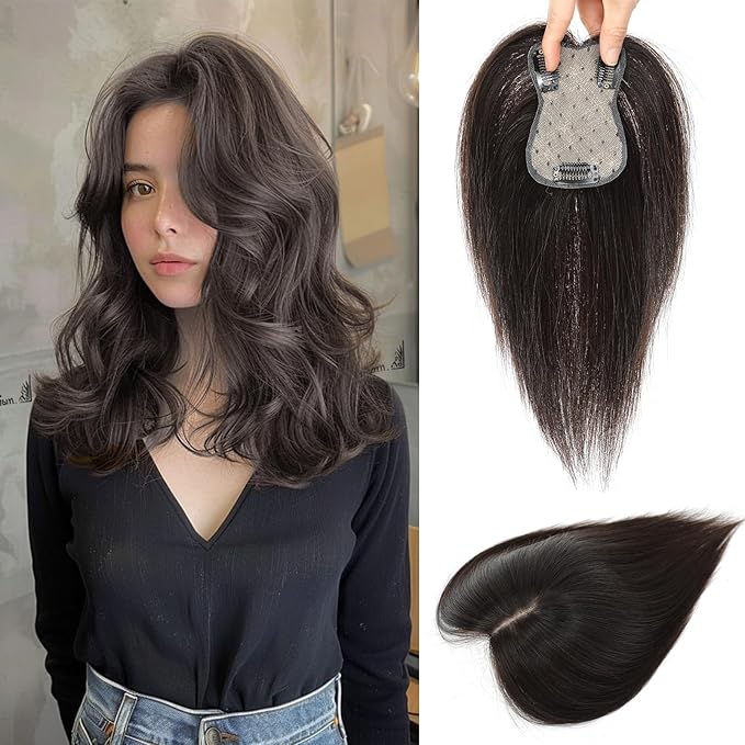 Hair Toppers for Women Real Human Hair, 360°3D Bangs Clip Human Toppers for Women with Thinning hair Realistic Scalp Line (Dark Brown, 3D Side Bangs (11 * 7))