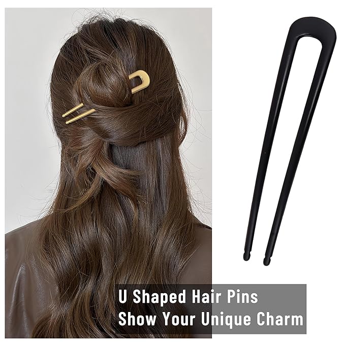 6Pcs Metal French Hair Pins for Women U Shape Sticks 3.9 Inch Vintage Fork for Hairstyle Accessories(Black/Gold)