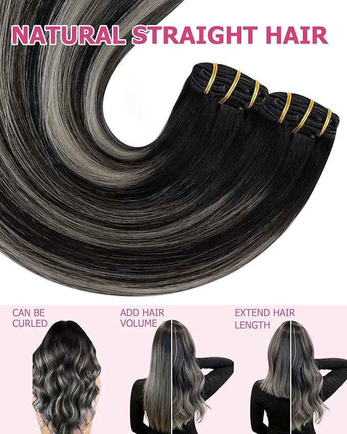 YoungSee Clip in Human Hair Extensions Natural Black Mix Grey Balayage Clip on Hair Extensions for Women Black Ombre Hair Extension Clip ins Silky Straight Hair 20inch 120g