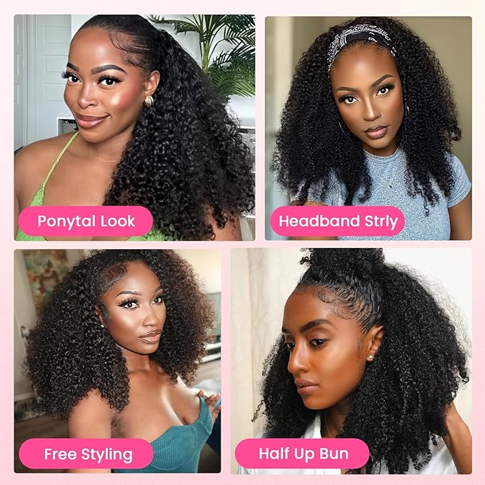 WOWANGEL Kinky Curly Half Wig Human Hair 180% Density Flexi-Fit Invisi 3 in 1 Wigs Flip Drawstring Wig Glueless Wear and Go Headband Wig 100% Human Hair for Women, Natural Black, 22 Inch