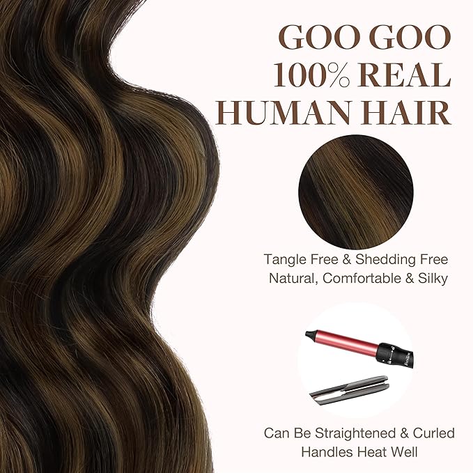 GOO GOO Tape in Hair Extensions Human Hair, 2/6/2 Balayage Dark Brown to Chestnut Brown, 14inch 50g 20pcs, Thick Ends Straight Seamless, Invisible
