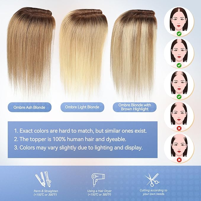 HAIRCUBE Hair Toppers 100% Real HumanHair,Ombre Ash Blonde,5.5"*4" MONO Large Base, 46g Hand-moven Real Human Hair Toppers for Women with ThinningHair