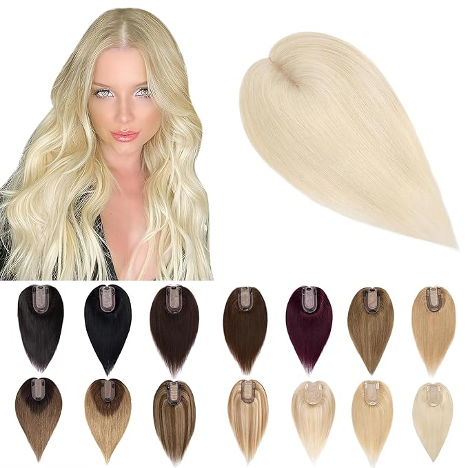 SEGO Human Hair Toppers for Women With Thinning Hair, 7 * 13CM Silk Base 100% Real Human Hair Clip in Top Wiglet Hairpieces //10 Inch No Bangs Platinum Blonde