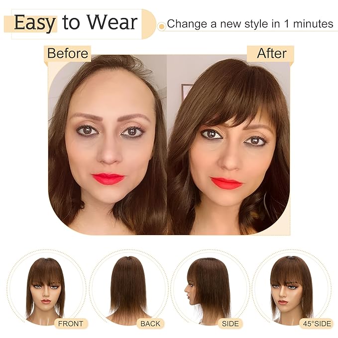 SEGO Hair Toppers for Women Real Human Hair With Bangs, 7 * 13CM Silk Base 100% Remy Human Hair Clip in Top Wiglet Hairpieces Add Volume -12 Inch Medium Brown